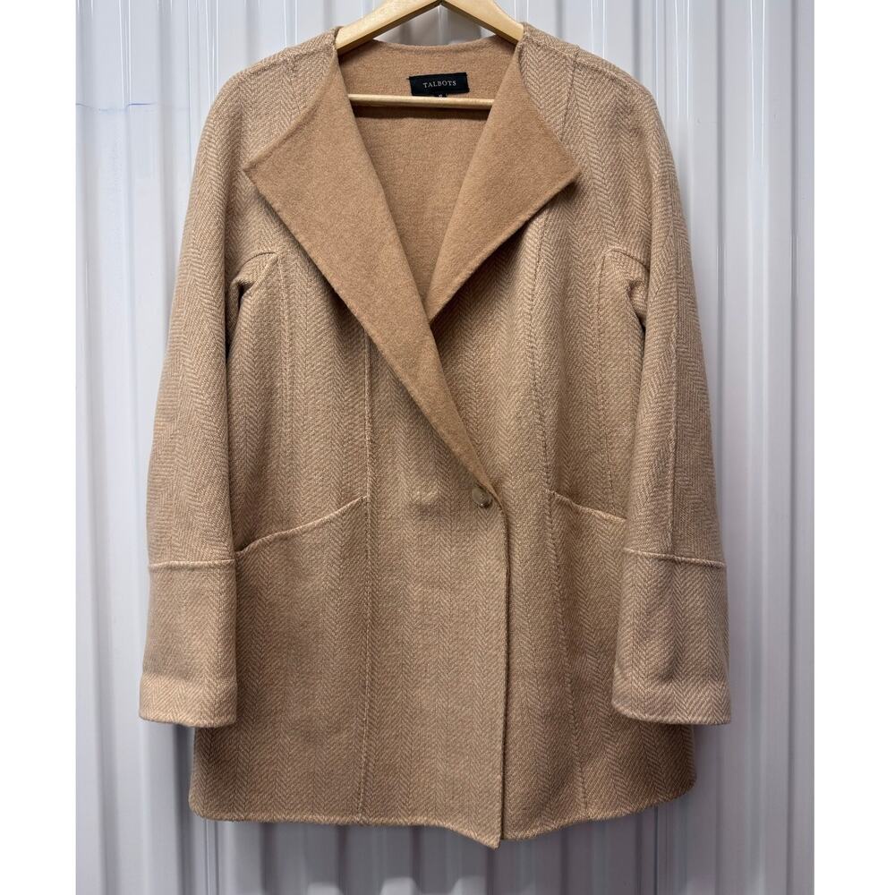 TALBOTS camel tan brown wool blend herringbone preppy light double lapel jacket